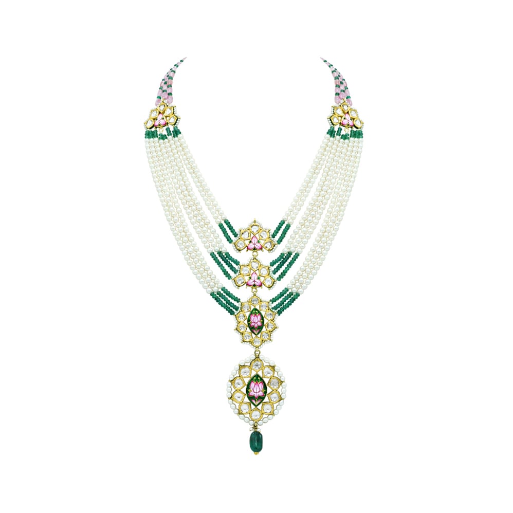 Pearl Necklace with Emerald, Tourmaline, and Polki Pendant